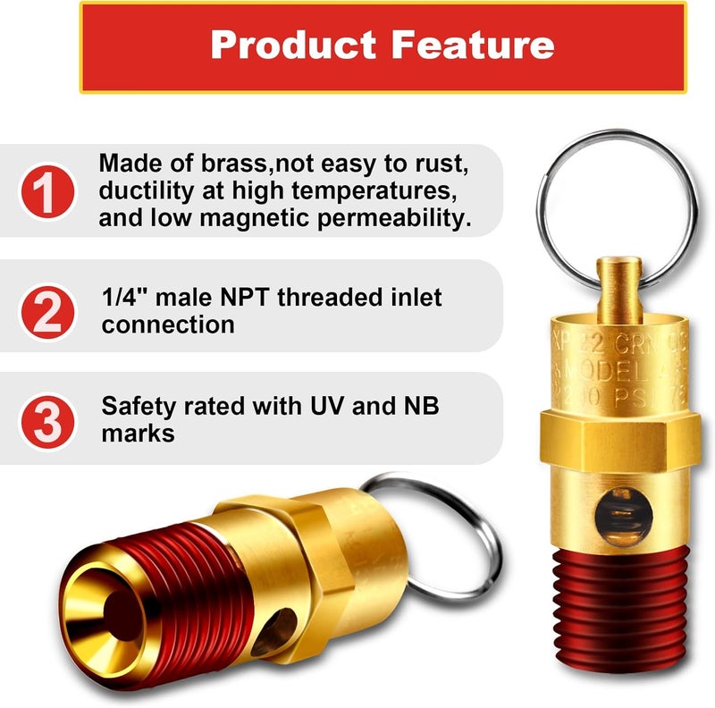 TOPGO 2 Pieces 1/4'' Male 125 PSI NPT Air Compressor Pressure Relief Valve Brass Safety Valve Air Compressor Check Valve - Image 5
